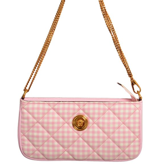 Versace Women's Plaid Pink Gold Medusa Quilted Small Handbag Shoulder Bag - Picture 1 of 9